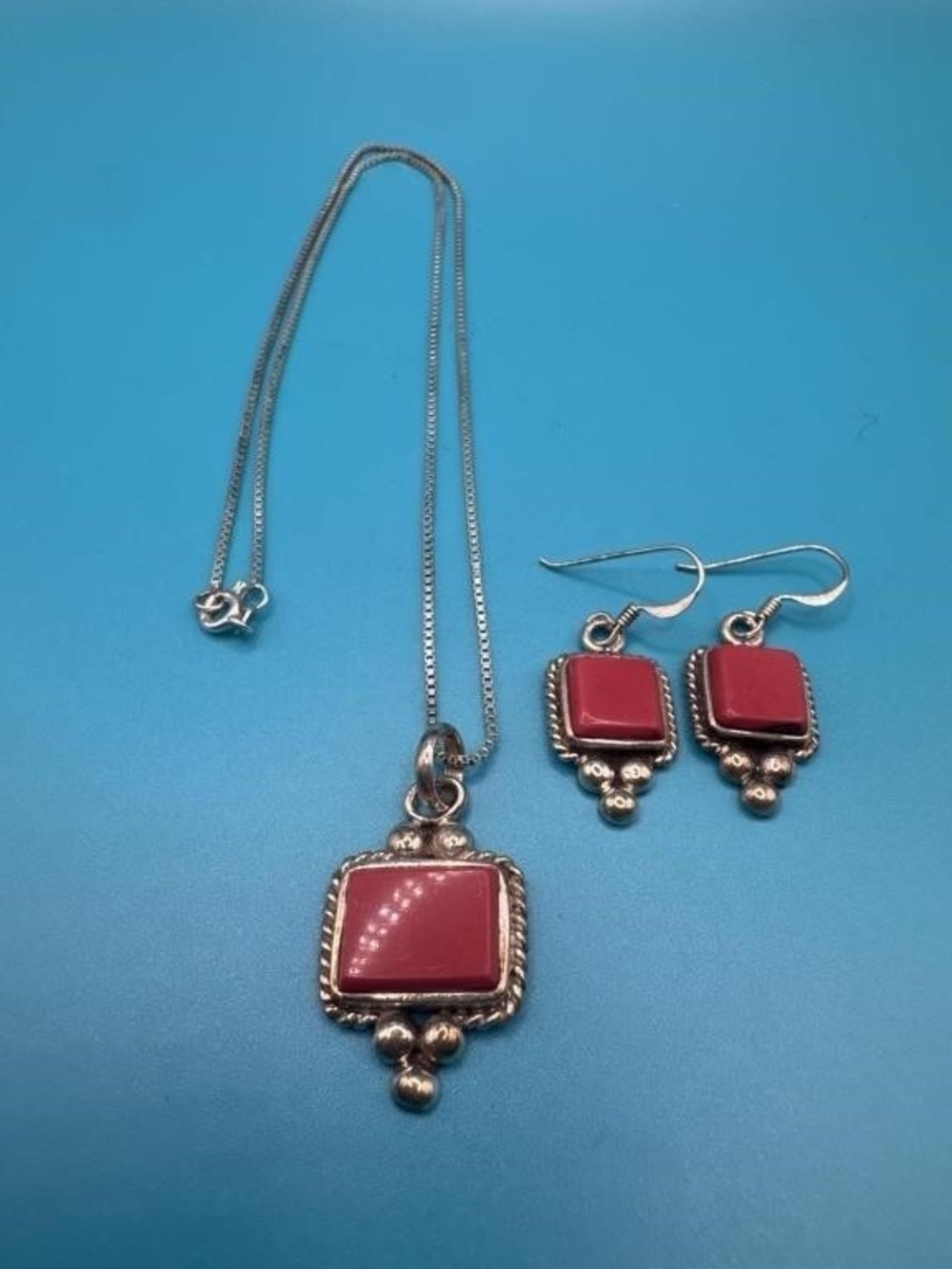 Vintage 925 Thailand GSE Red Coral Necklace Earrings Set 18” 12.59g